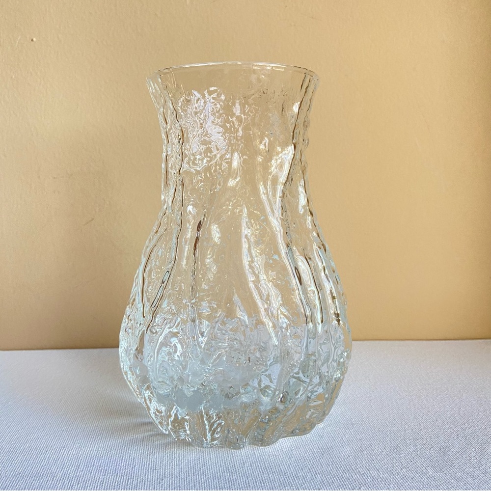 Crinkle glass vase clear textured with round rim and heavy oval base 6.25 inch
